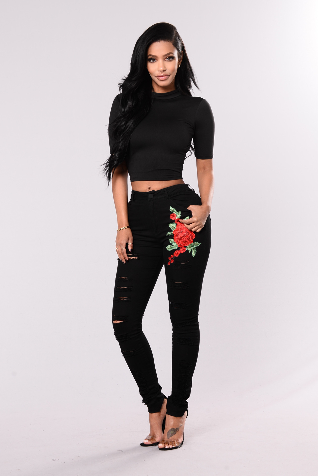 SZ60119 Women Rose Embroidered Denim High Waist Ripped Skinny Jeans